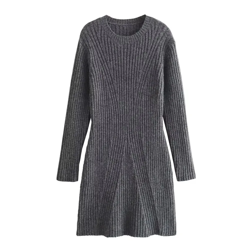 TRAF 2023 Short Knitted Dresses For Women Autumn Winter Sweater Dress Woman Grey Knit Mini Dress Long Sleeve Casual Dresses