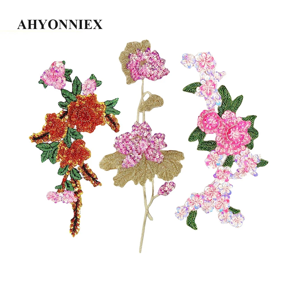 AHYONNIEX Handmade Exquisite Large Beads Flower Patches for Clothes DIY Beaded Stickers Embroideried Sew On Patches