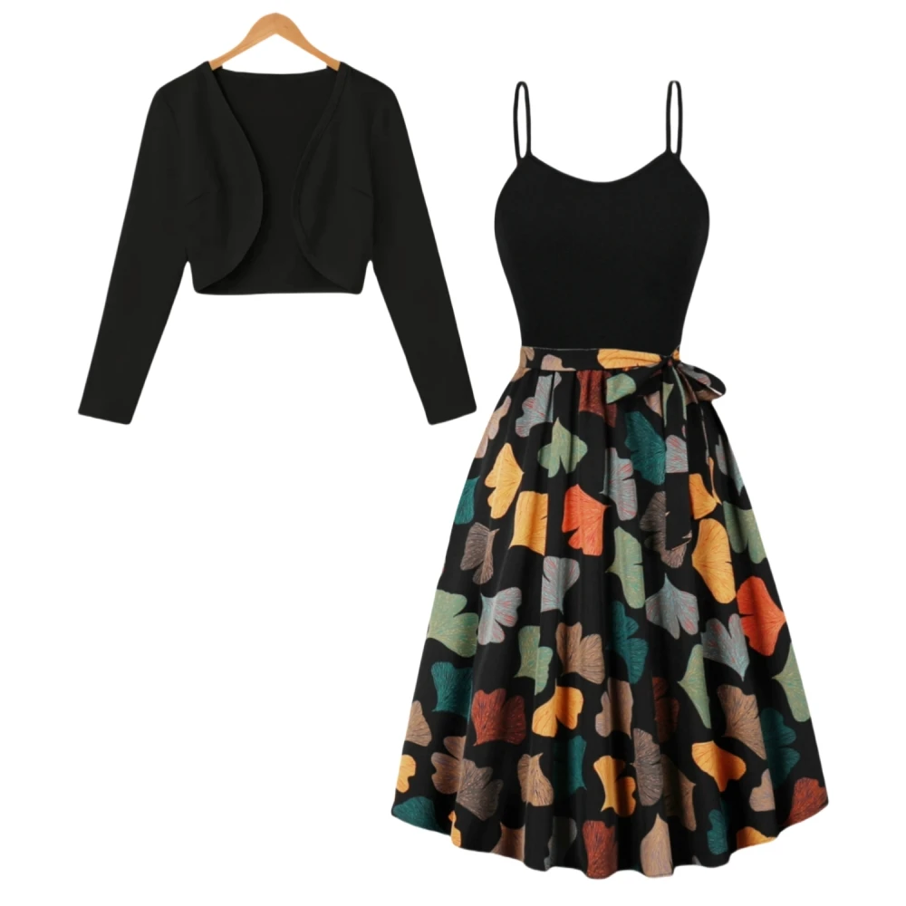 2024 New Autumn Winter Fashion Floral Print Camisole Dress+Long Sleeved Short Jacket Elegant Women Casual Party Dress 2Piece Set