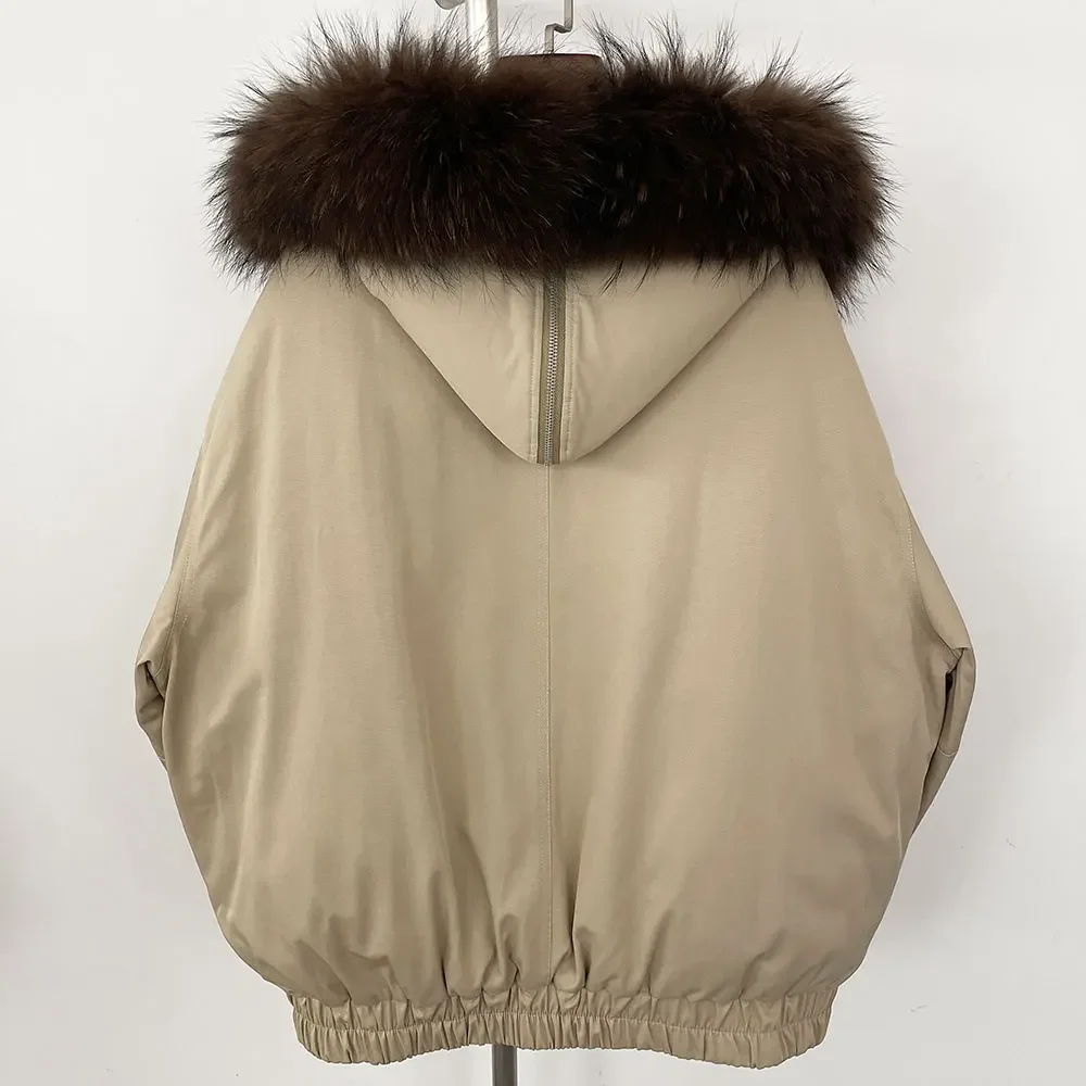 Chaqueta acolchada de piel de mapache auténtica para mujer, abrigo con cuello de piel Natural a la moda para mujer, Chaqueta corta con capucha, chaqueta de plumón de pato blanco