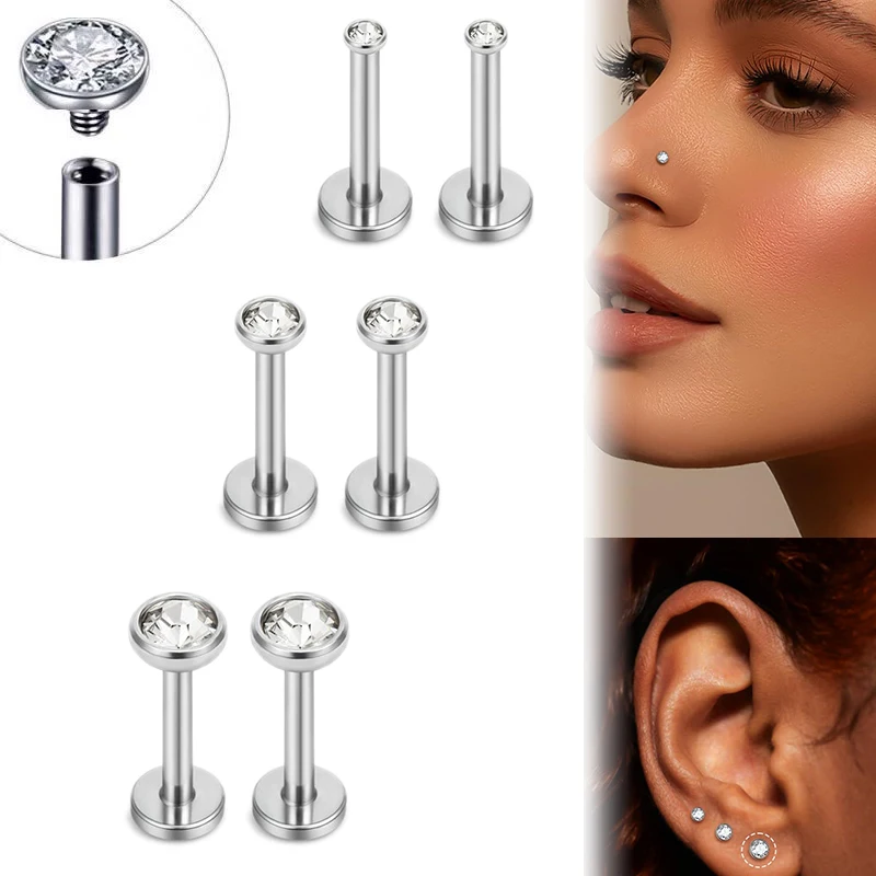 16G 2-4mm Clear Cubic Zirconia Internally Threaded Ear Stud Earring, Hypoallergenic Stainless Steel Labret Ring Piercing Jewelry