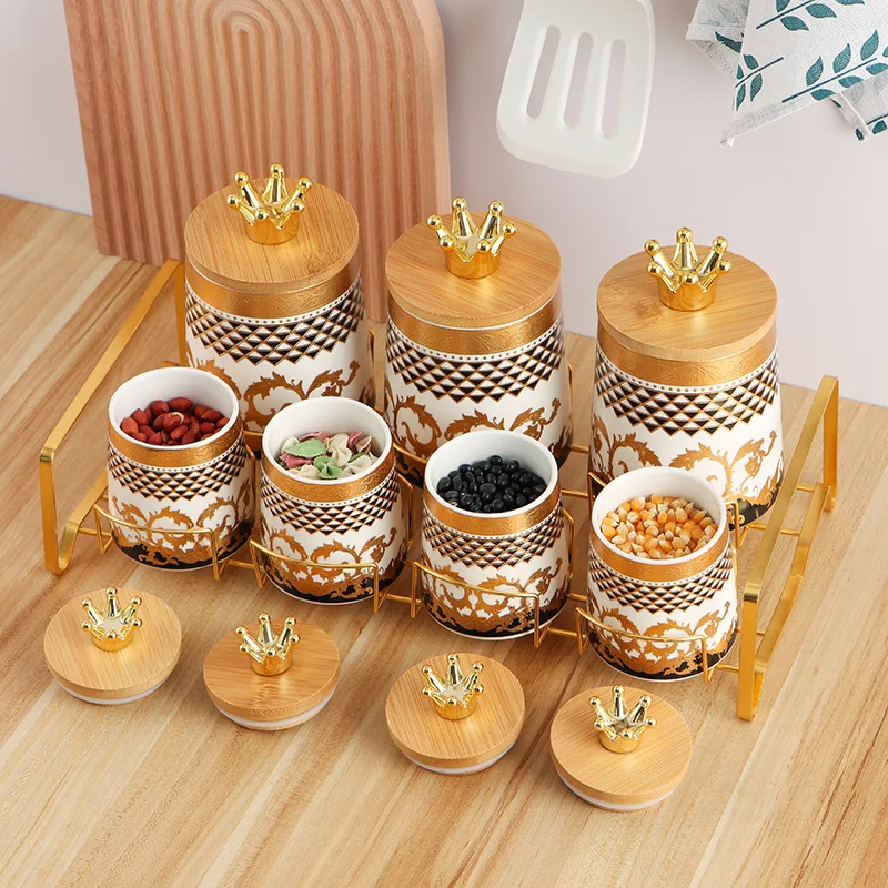 Ceramics Sealed Jar Wooden Cover Kitchen Storage Container Coffee Bean Storage Tank Tea Box Metal Rack Household Products
