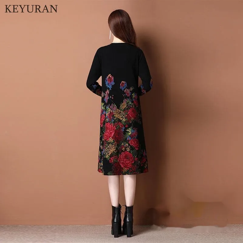 Round Neck Winter Knit Dress Women 2023 Autumn Winter Vintage Printed Long Sleeved Loose Pullover Sweater Dress Over The Knee