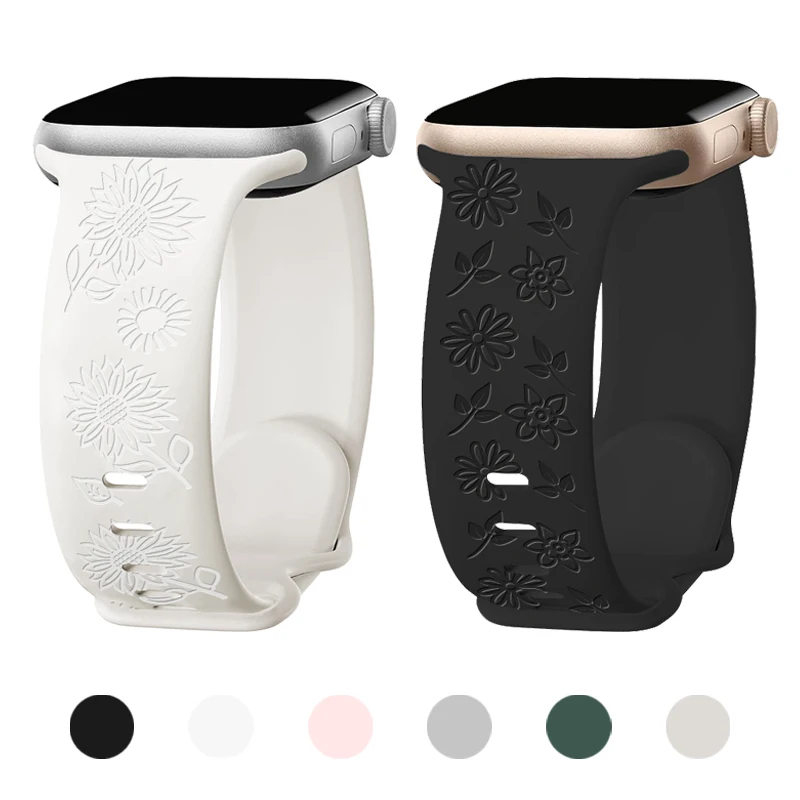 Strap For Apple Watch Band 49mm 44mm 42mm 41mm 45mm 44mm 40/38mm Floral Engraved Bracelet Correa iwatch Series 9 7SE 6 3 8 Ultra