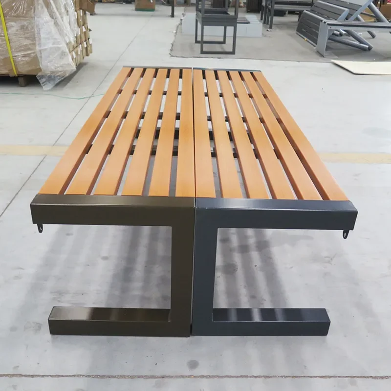 Outdoor Steel and Wood Bench Municipal Stainless Steel Park Chair Landscape Square Seat Community Leisure Strip Stool for