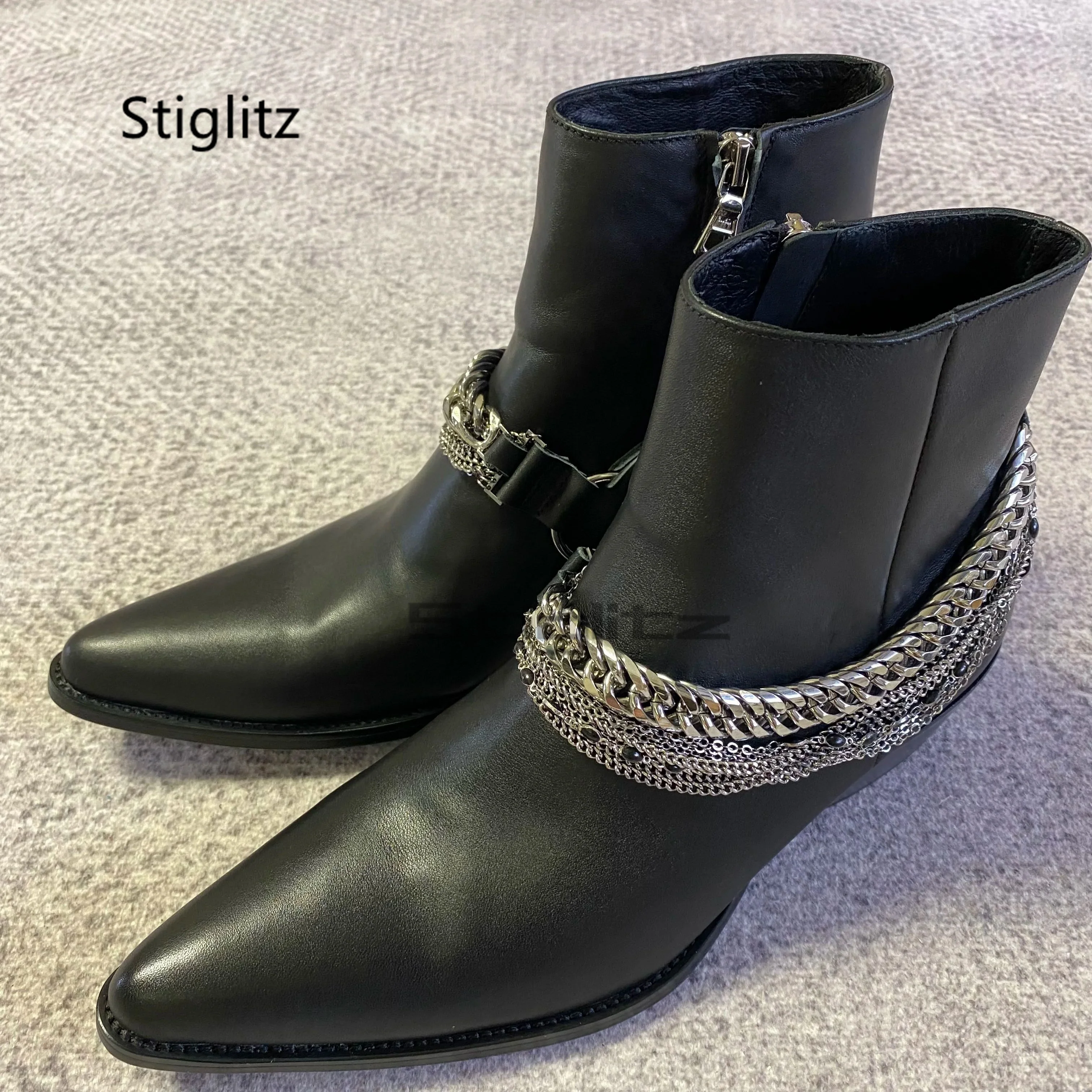 Black Genuine Leather Chain Boots for Men British Pointed Toe Chelsea Boots Chunky Heels Ankle Boots Handmade Business Shoes