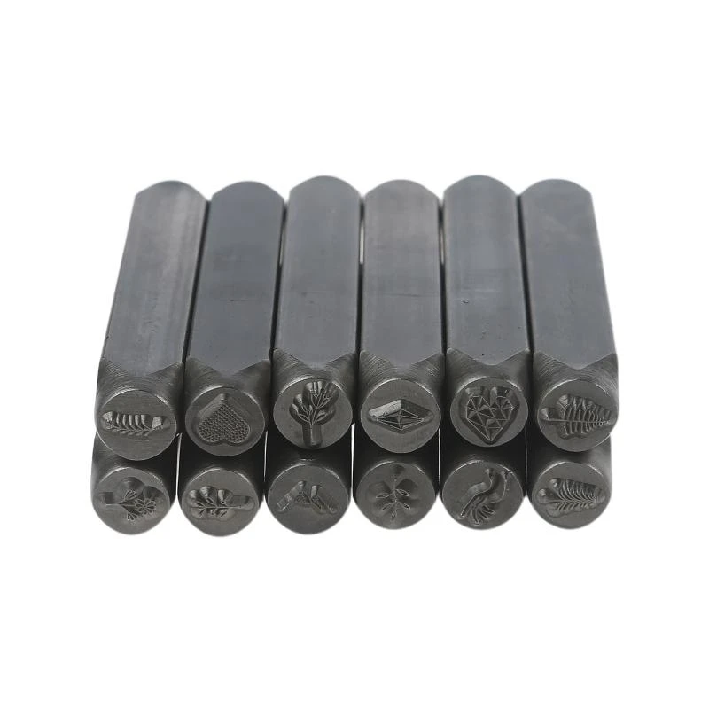 N5KA 12 Pieces Stamp Set 6mm Flowers Trees Pattern Matte Metal Stamping Tool for Imprinting on Metal Leather