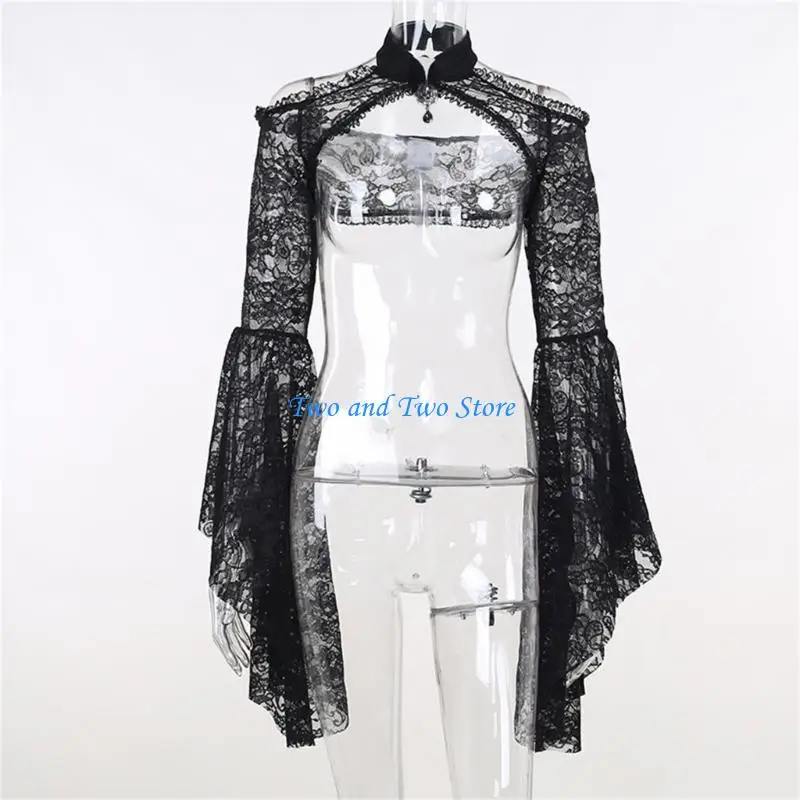 

HX6F Vintage Gothic Black Shrug Women Flared Sleeve Floral Lace See Through Crop Top