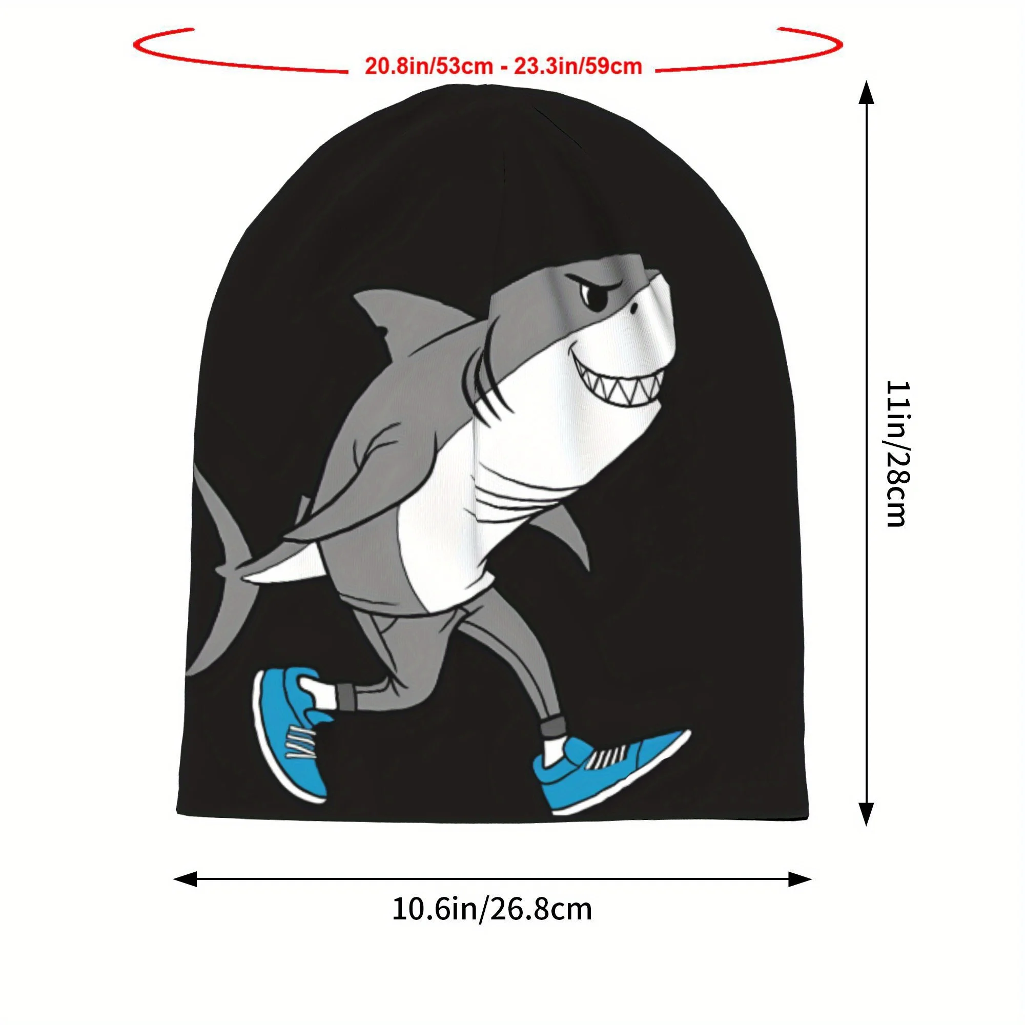 Fashion Cartoon Shark Design Beanies Cap Black Polyester Unisex Stretchy Knit Hat