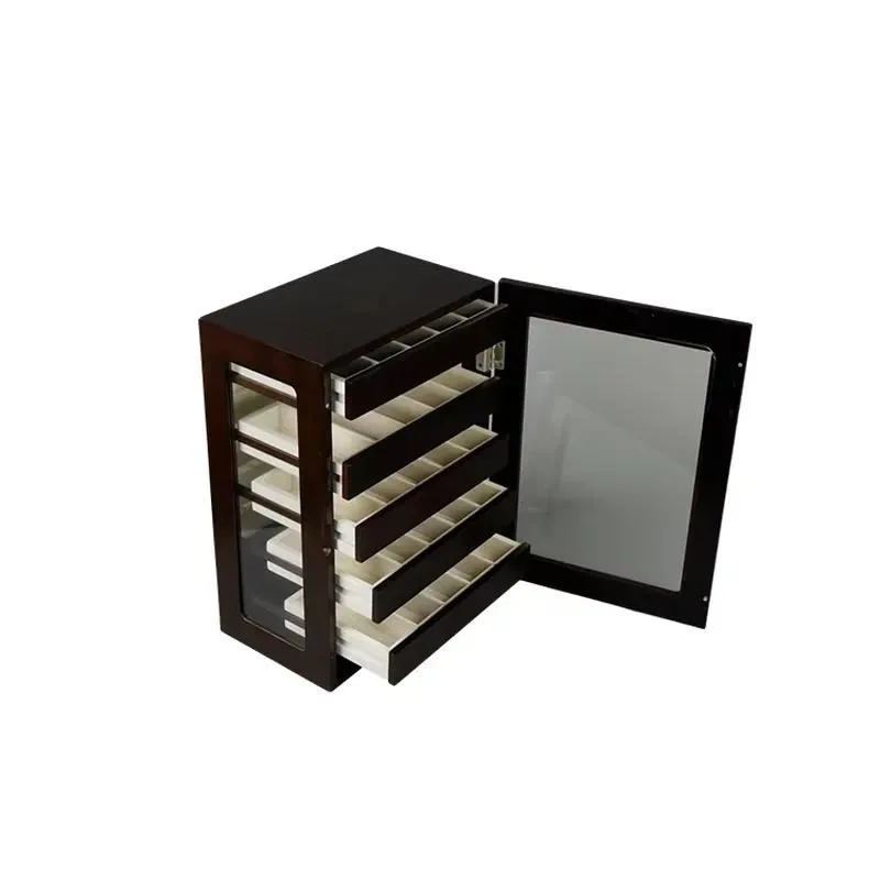Custom Dark Wood Grain Jewelry Storage Cabinet with 4 Drawers and Glass Window for Ring Necklace Display Gift Box