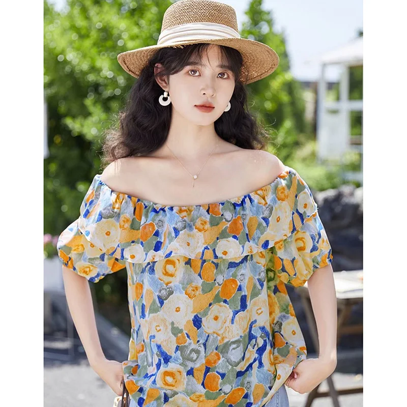 

Fashion Slash Neck Spliced Ruffles Sweet Floral Blouses Women's Clothing 2024 Summer New Loose All-match Tops Korean Shirts