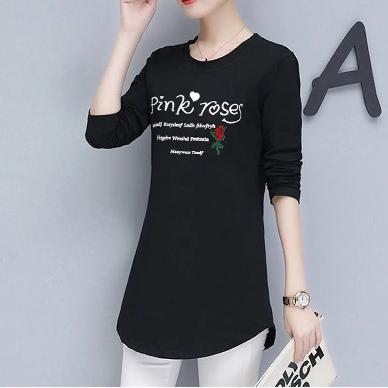 2023 New Spring and Autumn Fashion Mid Length Round Neck Solid Letter Printing Versatile Casual Simple Commuter Long Sleeve Top
