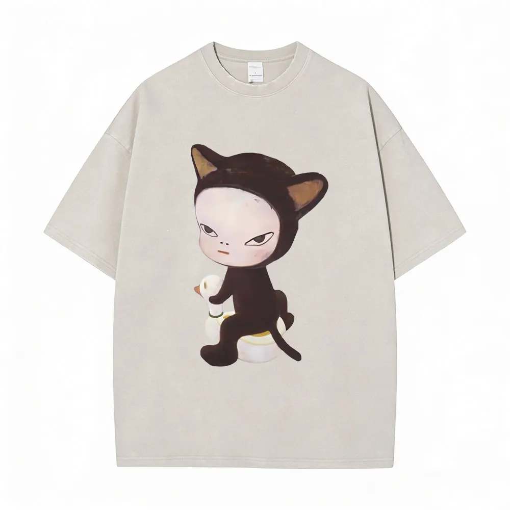 

Washed Vintage Yoshitomo Nara Cosplay Cat Ride A Duck Graphic T Shirt Men Women Casual Funny T-shirt Unisex Oversized T-shirts