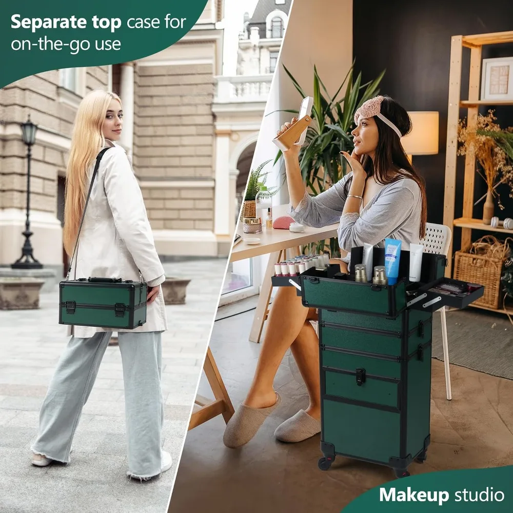 Rolling Makeup Train Case with Drawer, 4-in-1 Cosmetology Organizer on Wheels, Salon Barber, Green