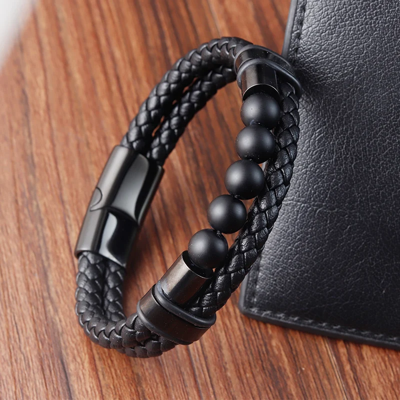 Men\'s Beaded Leather Bracelet Natural Stone Black Beads Multilayer Rope Stainless Steel Magnetic Clasp Wristband Male Jewelry