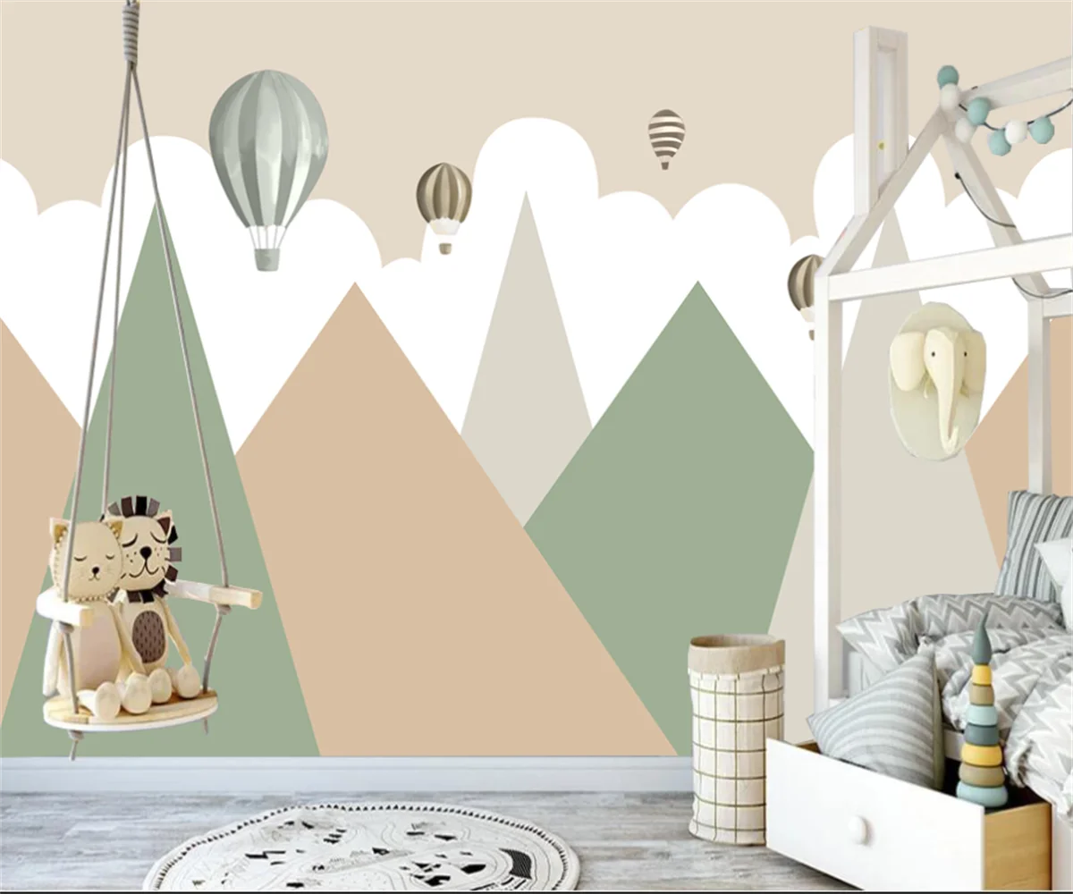 

Cartoon mural Nordic hand painted geometric mountain hot air balloon children's room wallpaper Bedroom background wall wallpaper