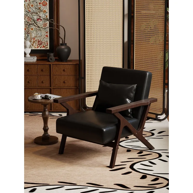 

Medieval single chair Solid wood sofa chair Living room balcony Study retro back chair Oil wax leather casual single sofa