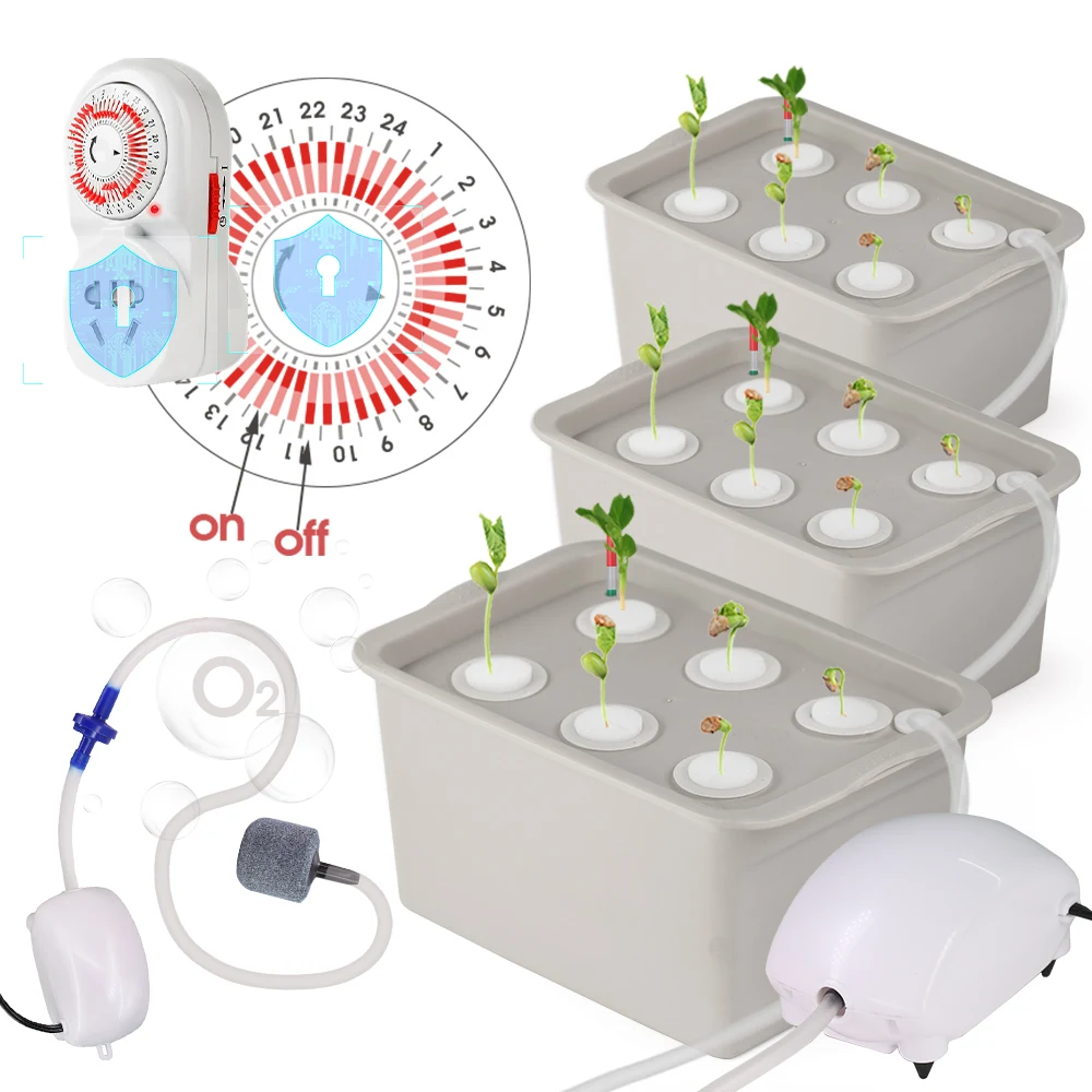 6-Hole 5L Gray Indoor Hydroponic System Soilless Nursery Sponge Nutrient Solution Culture Growth Box Air Pump Automatic Timer