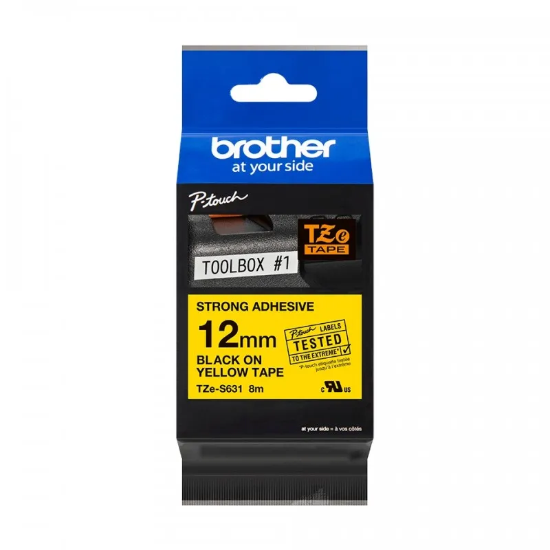 Brother TZeS631 Original Super adhesive laminated label tape-black text on yellow background-width 12mm x 8 meter. Tintasycartuchos.com