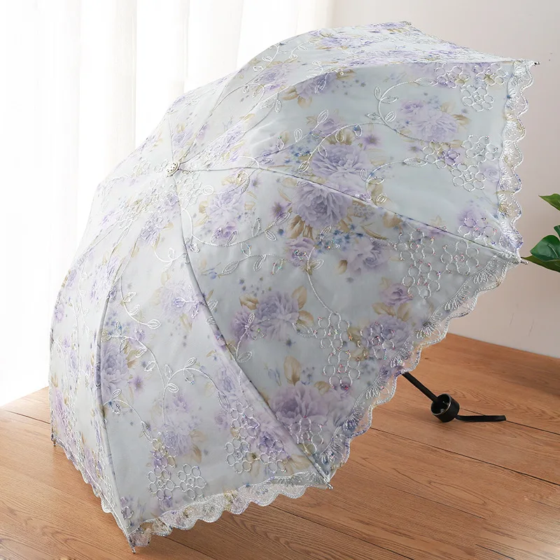 Fashion Vintage Embroidered Lace Folding Princess Umbrella Summer Outdoor Portable UV Protection Sun Umbrella Sunny Umbrella