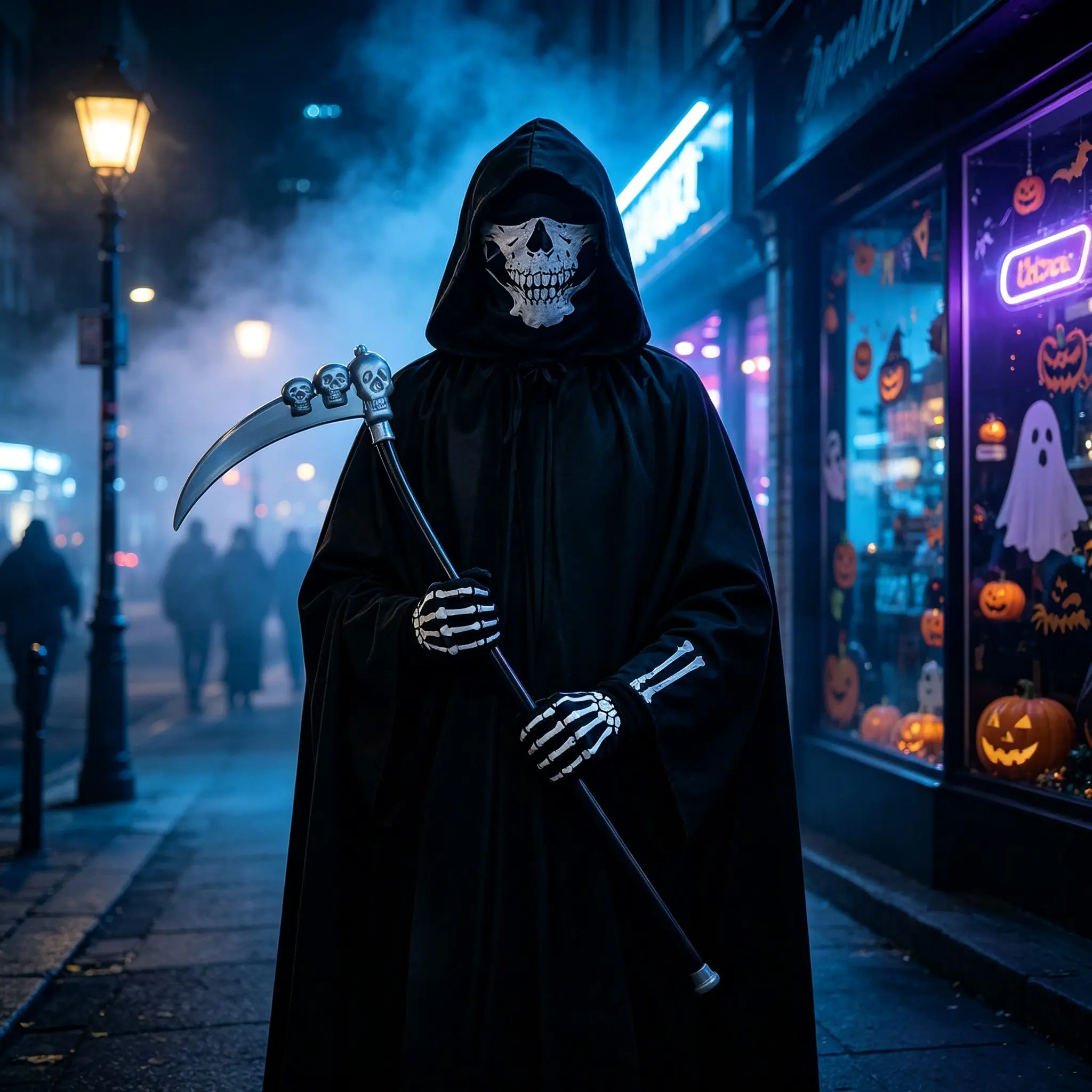 Halloween Sensenmann Cosplay Umhang-Set Hexen-Umhang in Schwarz mit Sensen-Requisit Geister-Party Bühnenkostüm Requisiten – Detail 10