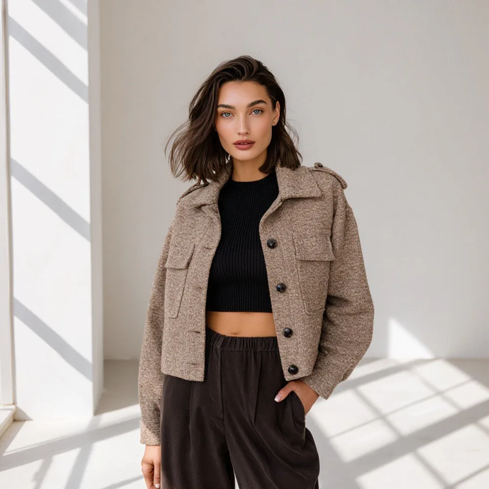 

Casual Style Spring Autumn Jacket Turn-down Collar No Decoration Women's Top Fashion Outerwear for Ladies