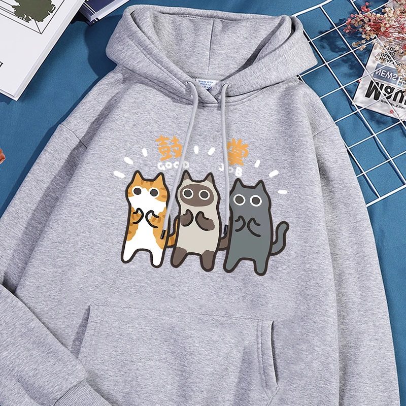 Good Job Cat Print Tracksuit Men Round Neck Oversized Hooded Versatile Comfortable Sportwear Personality Fashion Fleece Clothes