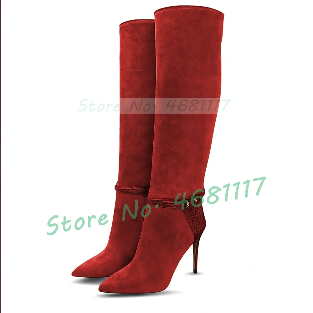 Red Suede High Heel Knee Length Boots Women Elegant Pointy Toe Ankle Strap Boots Street Style Side Zipper Stiletto Tall Shoes