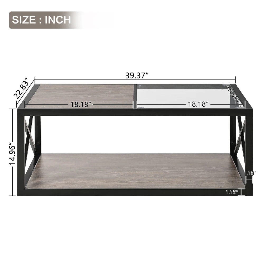 Modern Coffee Table for Bedroom & Living Room Tempered Glass&Rustic Wood Grain MDF Industrial Style Coffee Table