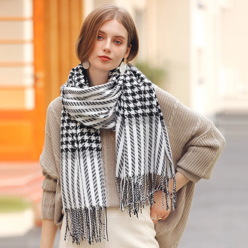 2024 New Thousand Bird Plaid Imitation Cashmere Scarf European and American Street Tassel Plaid Scarf Women's Winter Warmth