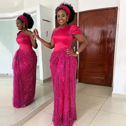 Hot Pink Luxury Beaded Lace African Formal Party Dresses Black Girls Fuchsia Birthday Dress Aso Ebi Style Wedding Guest Gowns