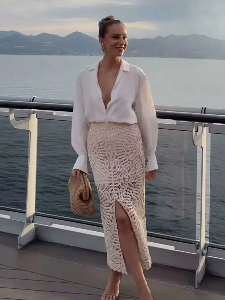 

HH 2025 Woman Zipper Slit Hem Hollow Decorate Casual Skirts Women Elegant Chic Solid Knitted High Waist Slim Long Skirts
