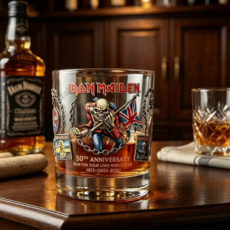 Iron Maiden 50th Anniversary 'Run for Your Lives' World Tour Engraved Crystal Rocks Glass Eddie Whiskey Tumbler for Fans