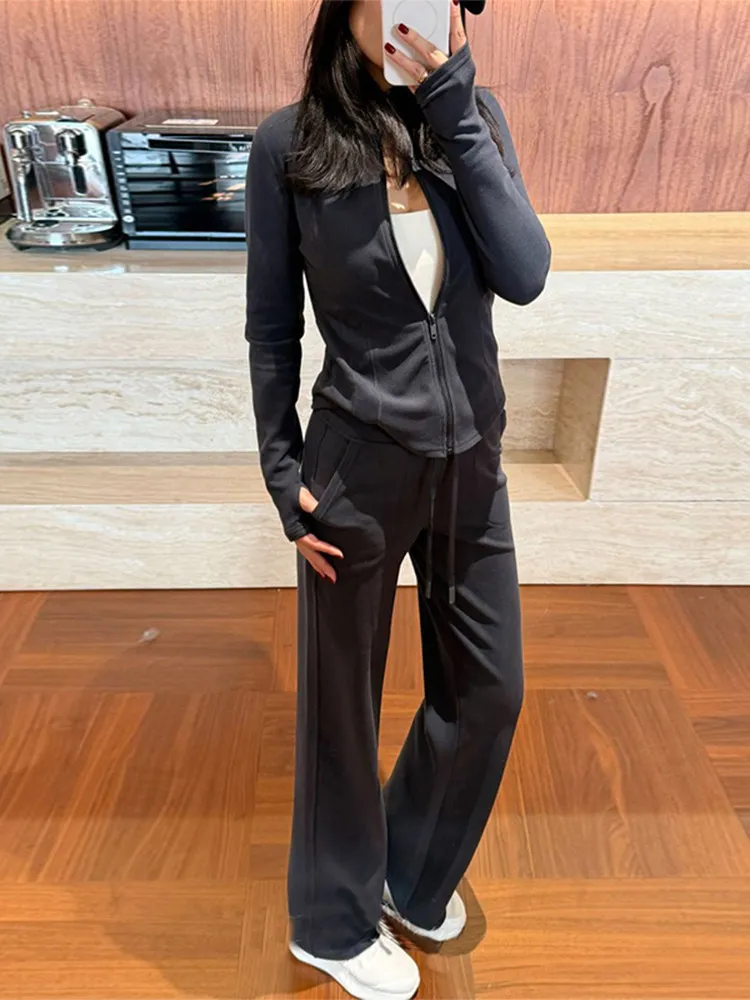 

Повседневный модный спортивный костюм: женский приталенный кардиган на молнии и брюки с широкими штанинами, комплект из двух предметов, новинка 2026