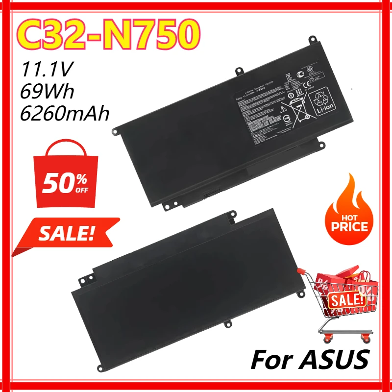 C32-N750 ノートパソコンのバッテリー ASUS N750 N750J N750JV N750JK N750Y47JK-SL N750Y47JV-SL 11.1V 69Wh 6260mAh 交換用バッテリー