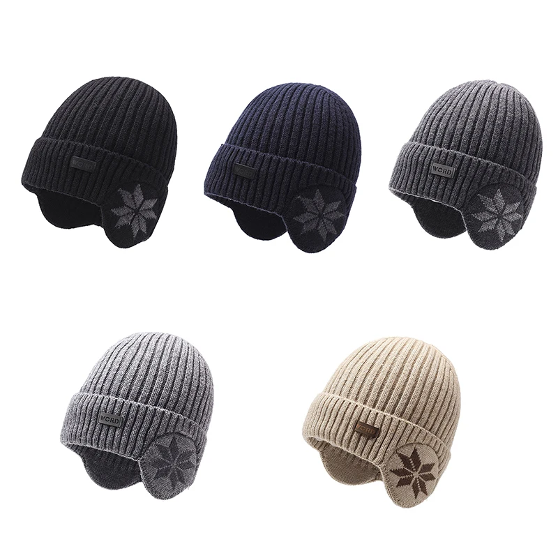 Outdoor Men Winter Knitted Hat Plush Warmth Peaked Cap Earmuff Casual Fashion Faux Fur Lined Bomber Hats Cycling Ear Protection