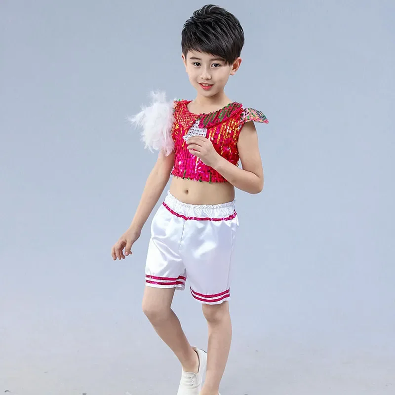 

New Children Jazz Dance Dress Girls Red Sequins Princess Modern Dance Costumes For Kids Halloween Costume Performance Suit