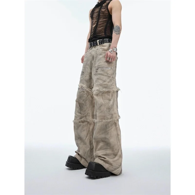 

Джинсовая рабочая одежда в стиле ретро Design Sense, сверхпрочная джинсовая рабочая одежда, старый грязный окрашенный повседневный стиль с поврежденными краями, уличная мода WLF