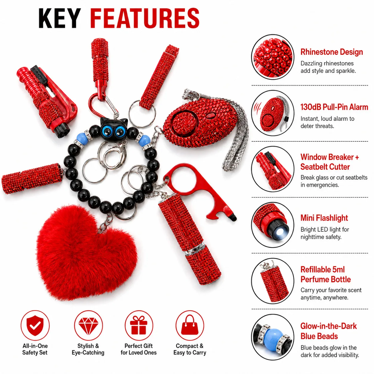 9-piece Diamond-encrusted Portable Safety Combination Mini Lighting Window Breaker Emergency Gift Pendant
