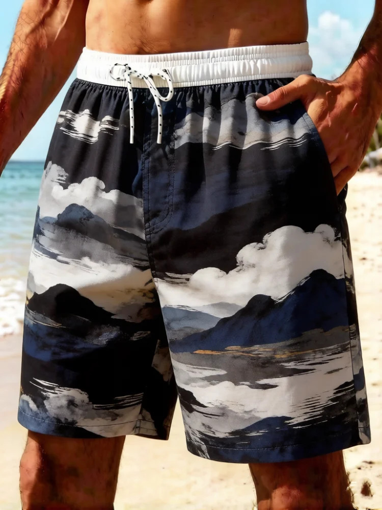 Plus Size Mens Ink Wash Mountain Cloud Landscape Print Drawstring Beach Shorts Elastic Waist Pocket Swim Trunks