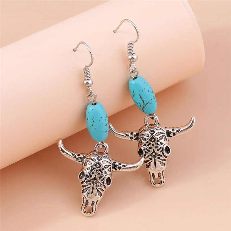 Aihua Metal Silver Color Ethnic Bohemia Eid Al-Adha Bull Head Earrings for Women Vintage Earrings Party Jewelry Accessories