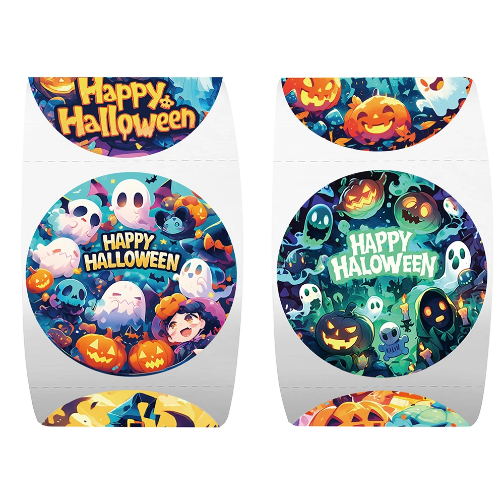 

500pcs/Roll Cartoon Happy Halloween Pumpkin Skull Stickers Cute Round Sealing Decal DIY Phone Car Decoration Sticker Reward Gift