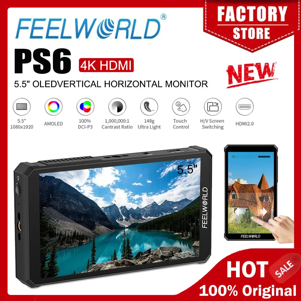 

FEELWORLD PS6 5.5 Inch OLED Vertical Horizontal Camera Field Video Monitor Touch Screen 4K HDMI Input And Output
