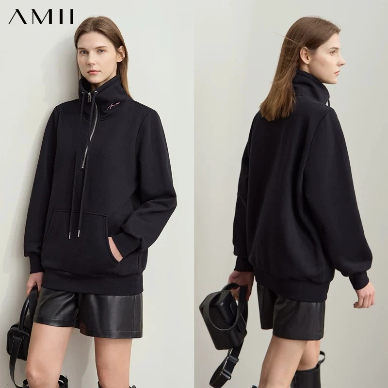 AMII Minimalism Women's Turtleneck Sweatshirts Casual Zipper Letter Embroidery 2026 Winter New Commuter Fleece Hoodies 12444129