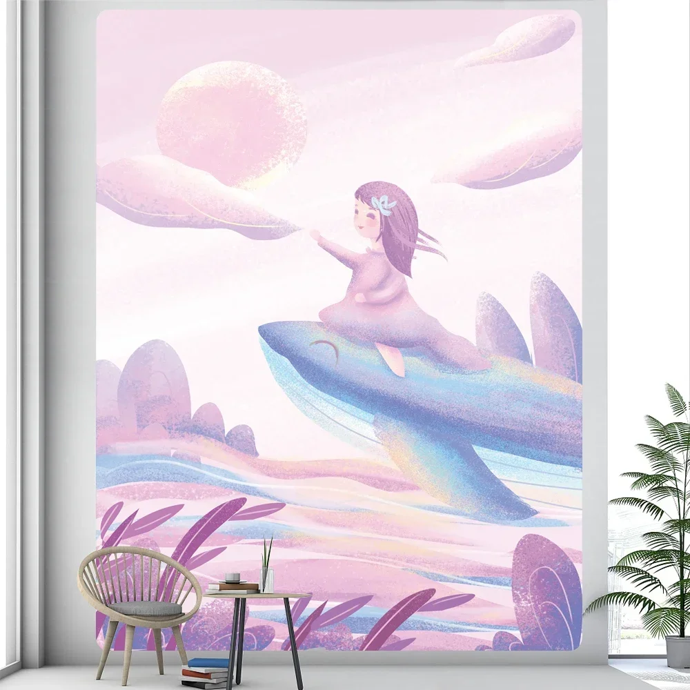 Dream Sky Whale Girl Cure Pink Home Decor Tapestry Hippie Bohemian Psychedelic Scene Bedroom Wall Tapestry