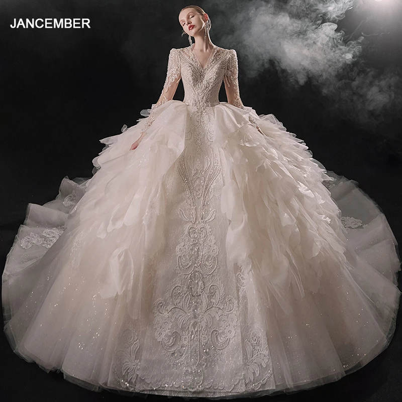 

Jancember Luxury Customization Wedding Dress 2024 Elegant Wedding Organza V-neck Full Sleeves Draped Vestido De Novia LSMX054