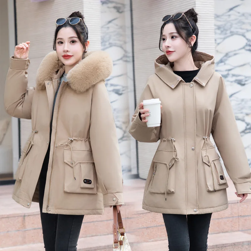 Parki Damskie Błyszczące Jesienne Z Podszewką Modne Wiązane Z Flokowanym Futrem Wiatroodporne Eleganckie Idealne Codzienne Z Odpinanym Jednoguzikowym Zapięciem OL