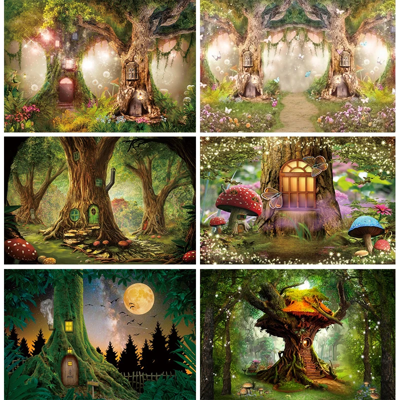 Enchanted Forest Treehouse Backdrop for Girls Birthday Party Decorations Butterfly Fairy Tale Tree House Photography Background