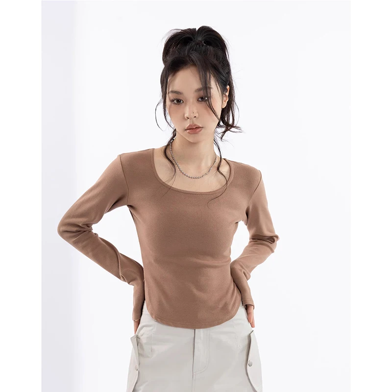 

Women's Autumn Skinny Basic Crop Tops Solid Color Long Sleeve Square Collar Slim Fit Pullover T-shirt Irregulra Design