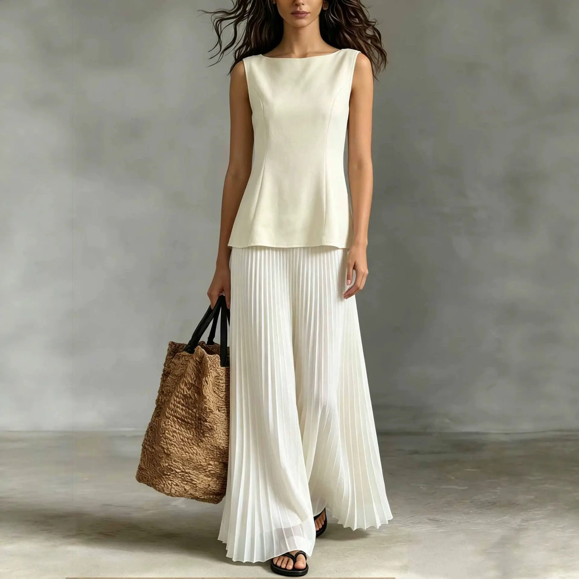 

Women Elegant Skirts Set Sleeveless Boat Neck Tank Top & Chiffon Boho Skirts Summer Slim Fit Women's 2 Piece Matching Set